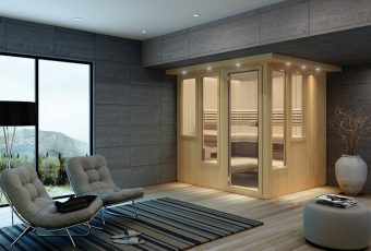 Traditional sauna fitting a room with modern, minimalistic interior design.