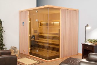 Steam room seamlessly fitting the design of a home office.
