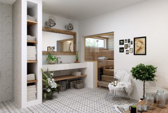A traditional sauna inside a bathroom with white walls and plants